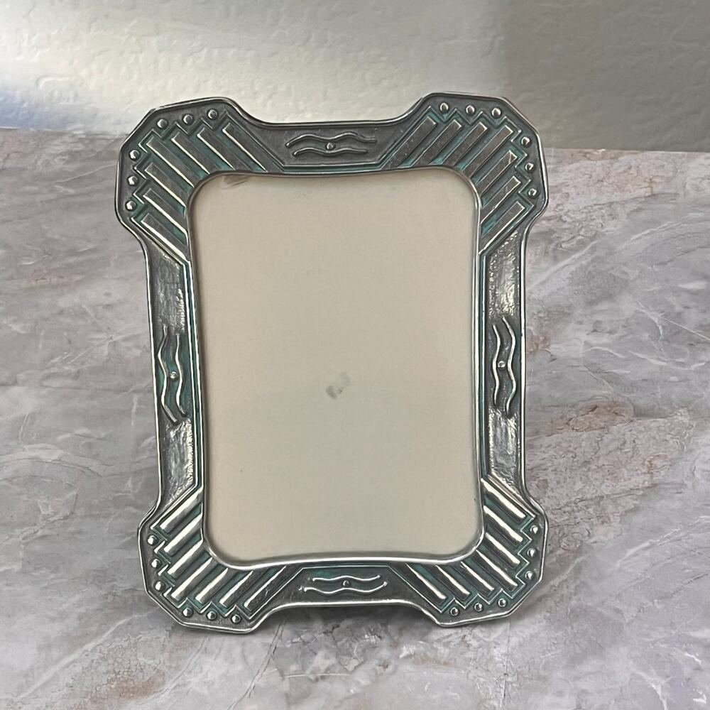 Vintage Silver Toned Picture Frame 4.5 x 6.5 in Aqua Accents Textured Easel Back